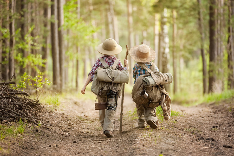 Illustration of two children with backpacks walking along a wooded path