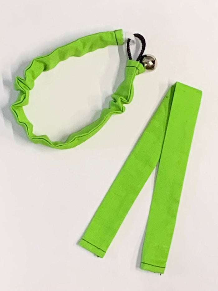 Lime-green Kitty Holster collar cover shown loose and installed on a demonstration collar