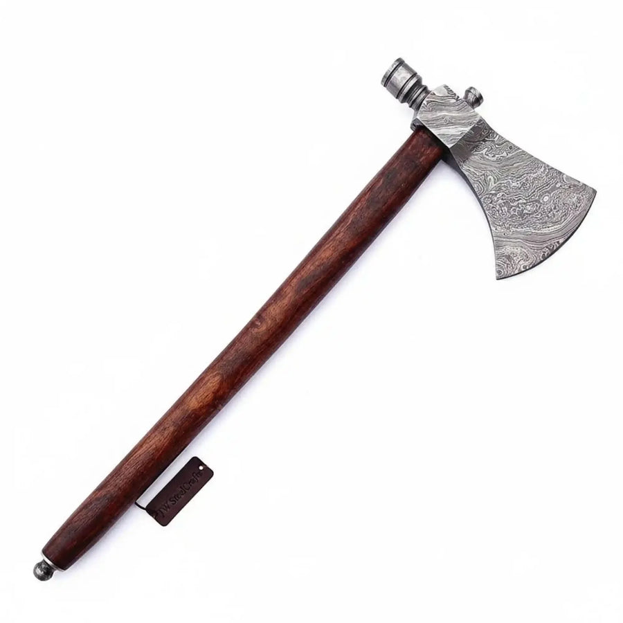 Late-Era Viking Skeggøx Utility Axe with Pattern-Welded Damascus Blade and Smoked Hardwood Handle