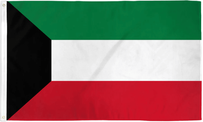 Kuwait flag made in USA with green white red bands and black hoist trapezoid