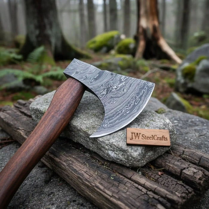 Handmade Damascus Steel Tomahawk Axe – Hand Forged Bearded Hatchet with Curved Hardwood Handle for Camping and Bushcraft | JW SteelCrafts