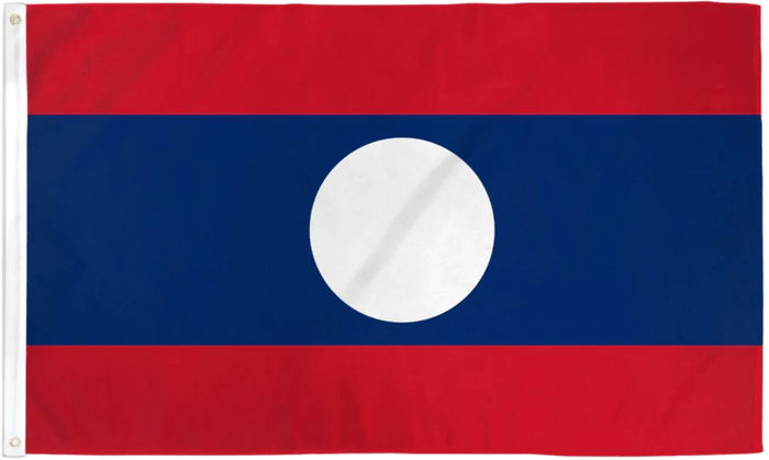 Laos flag made in USA with red blue red bands and central white disc