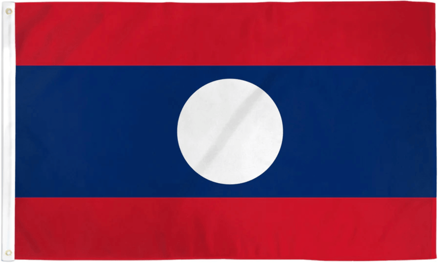 Laos flag made in USA with red blue red bands and central white disc