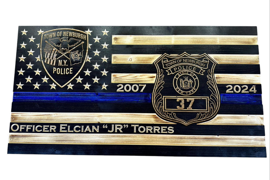 Custom Thin Blue Line American flag with officer name, rank and badge