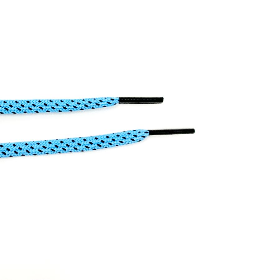 Light Blue & Black ticked flat shoelaces close-up of flat lace ends and black aglets