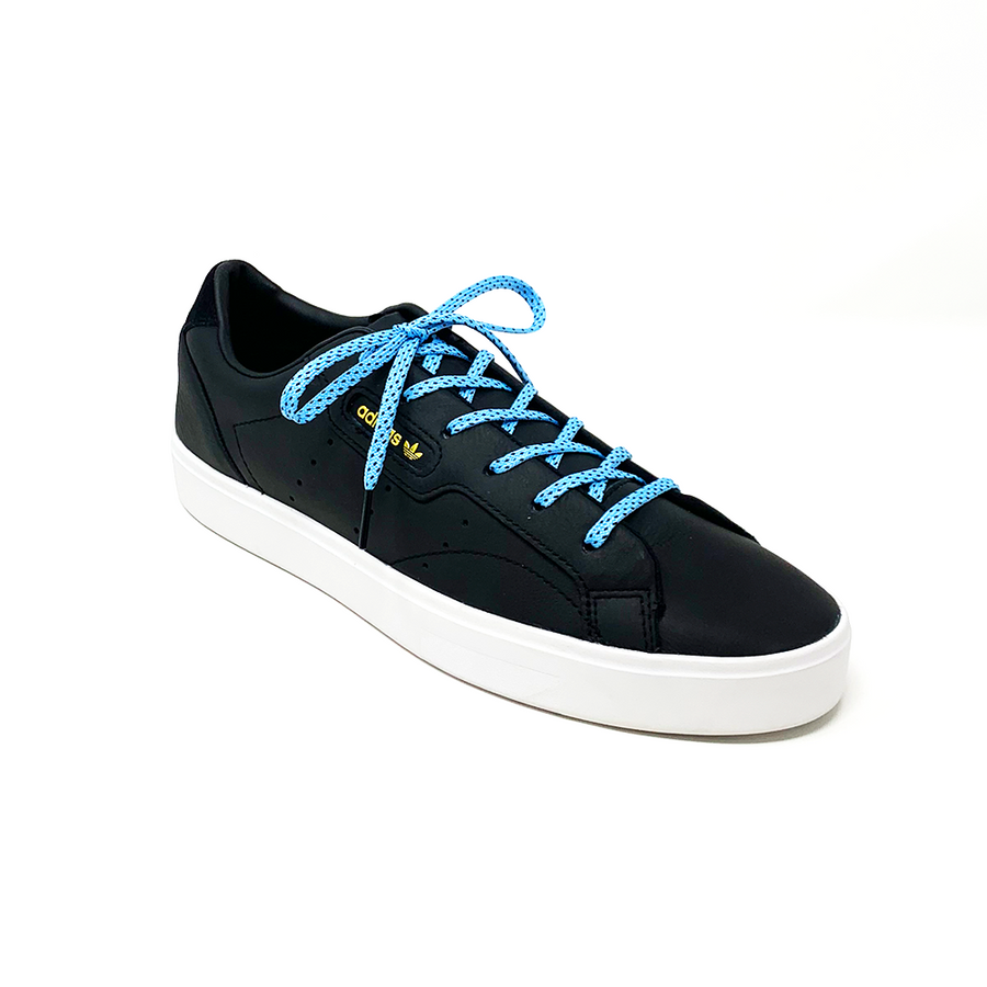 Light Blue & Black ticked flat shoelaces laced into a black low-top sneaker