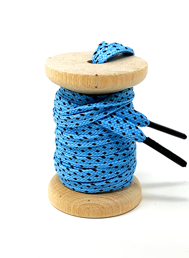 Light Blue & Black ticked flat shoelaces on a wooden spool