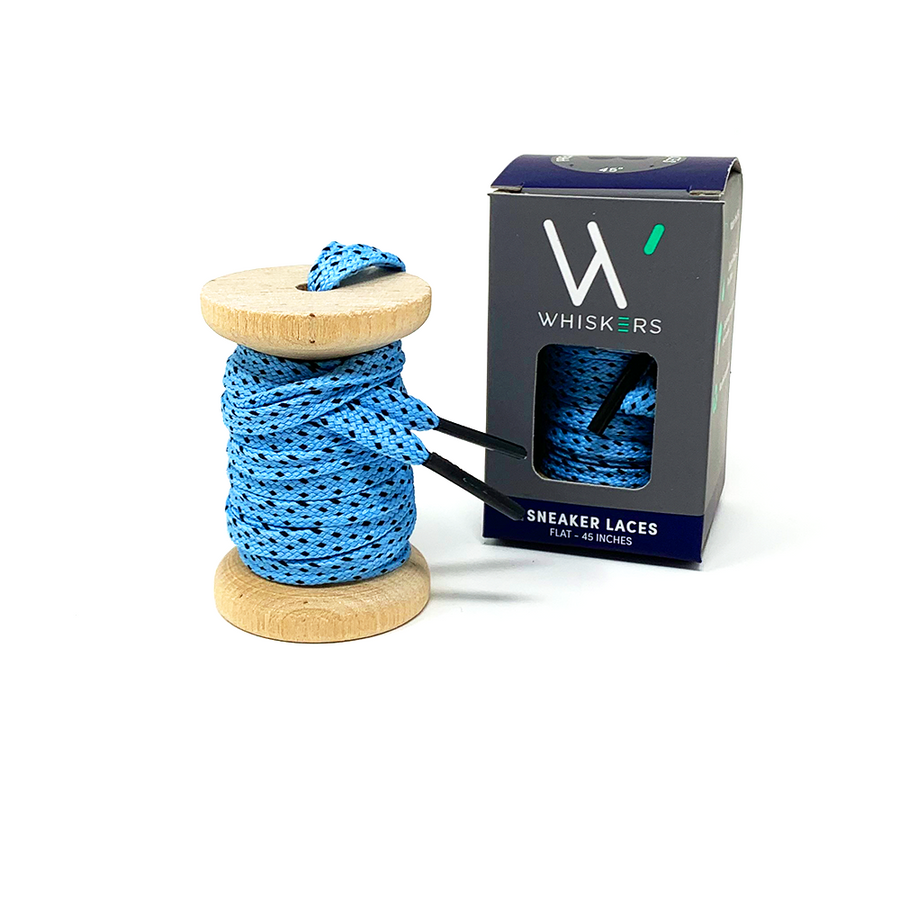 Light Blue & Black ticked flat shoelaces on a wooden spool beside the retail box