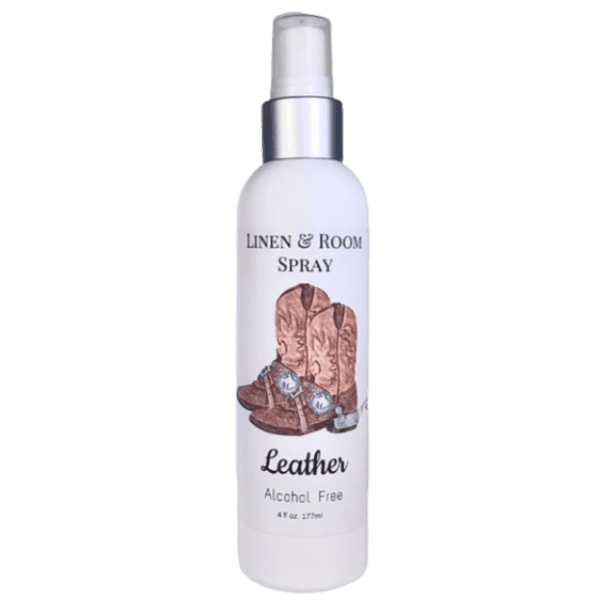 Leather scent room and linen spray bottle with a cowboy boot label against a green background