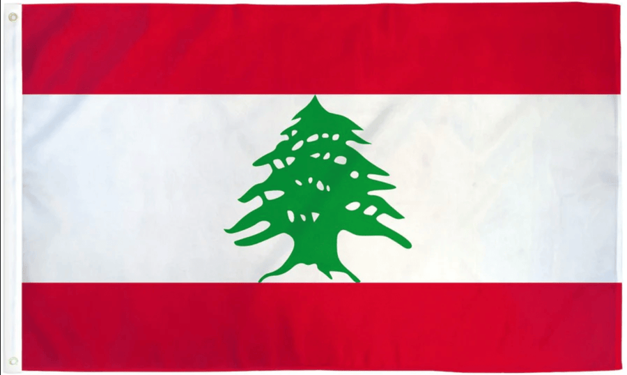 Lebanon flag made in USA with green cedar tree on white field and red bands