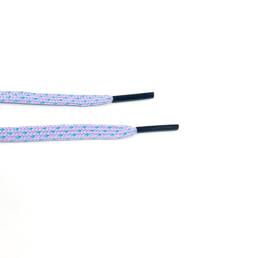 Lavender & Electric Green ticked flat shoelaces close-up of flat lace ends and black aglets