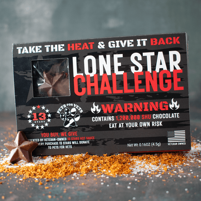 Lone Star Challenge chocolate package beside a chocolate star and pepper flakes