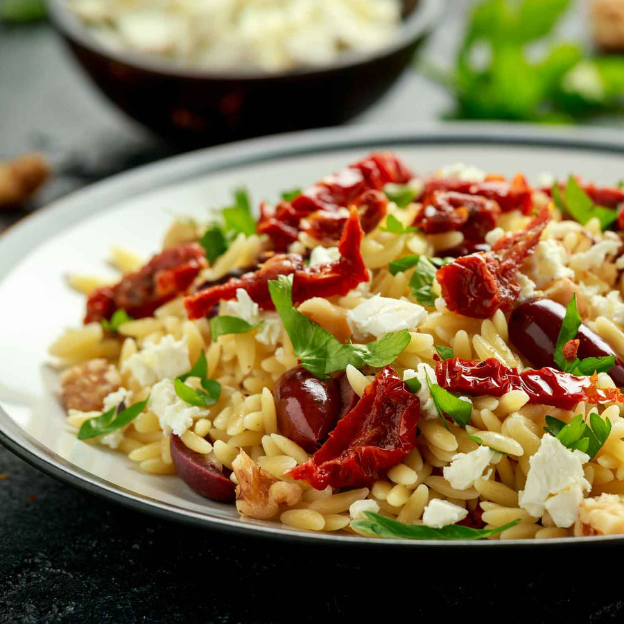 Lupin & Sunflower Protein Orzo Pasta: prepared orzo with vegetables.