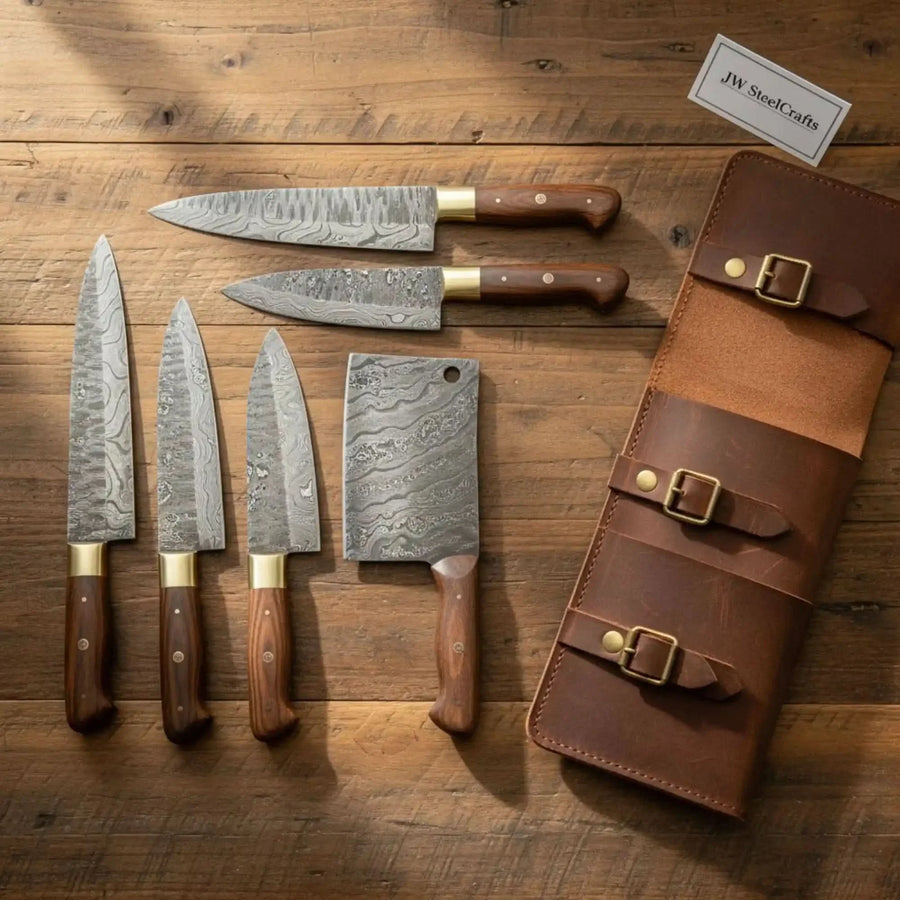 Six-piece Damascus kitchen knife set with natural rosewood handles and leather roll