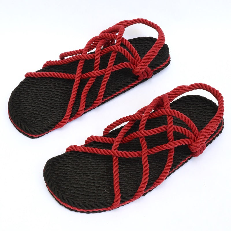 Pair of black and red Utopian rope sandals with woven soles