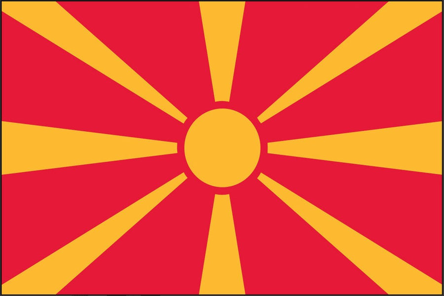 North Macedonia flag made in USA with red field yellow sun and eight rays