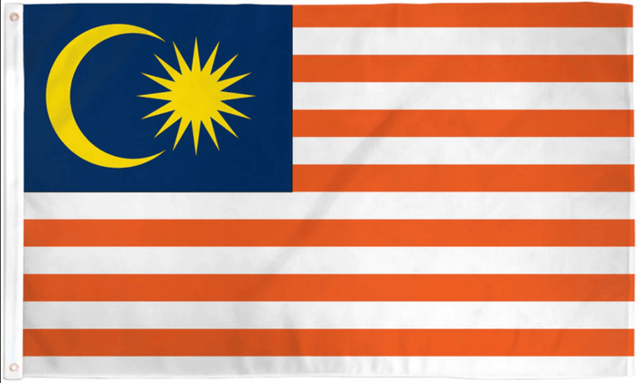 Malaysia flag made in USA with red white stripes blue canton yellow crescent and star