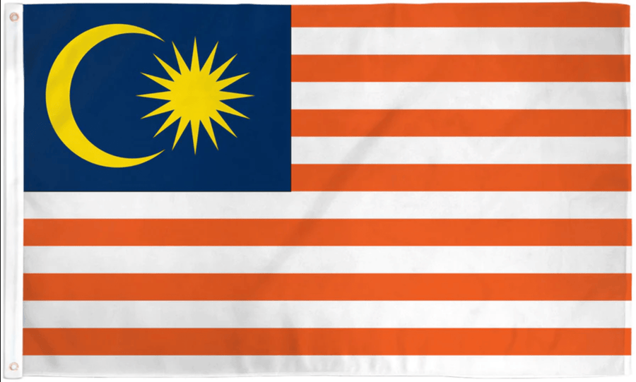 Malaysia flag made in USA with red white stripes blue canton yellow crescent and star