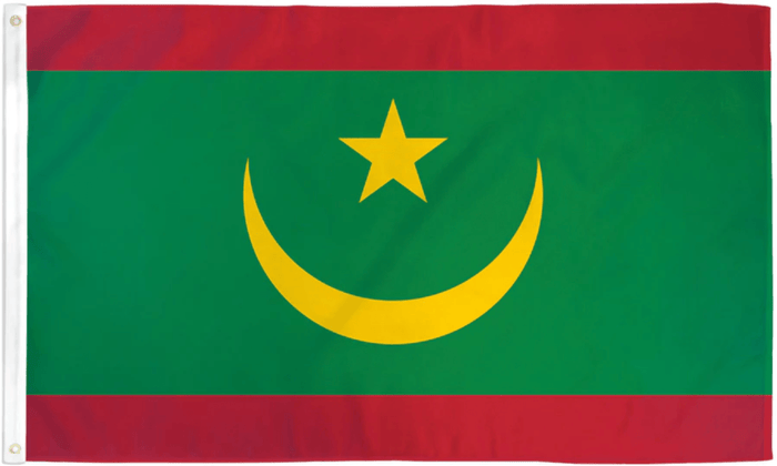 Mauritania flag made in USA with green field gold crescent star and red bands