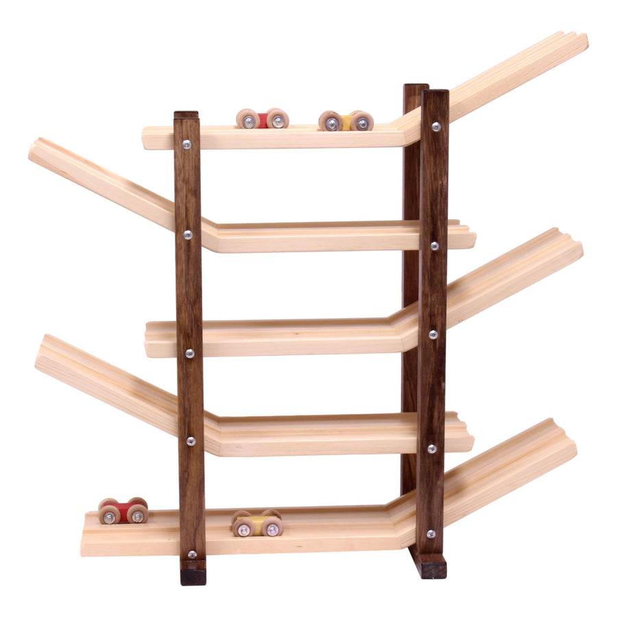 Double-Track Wooden Car Roller Racetrack with 4 Cars