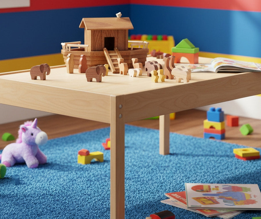 Wooden Noah’s Ark and animals displayed on a table