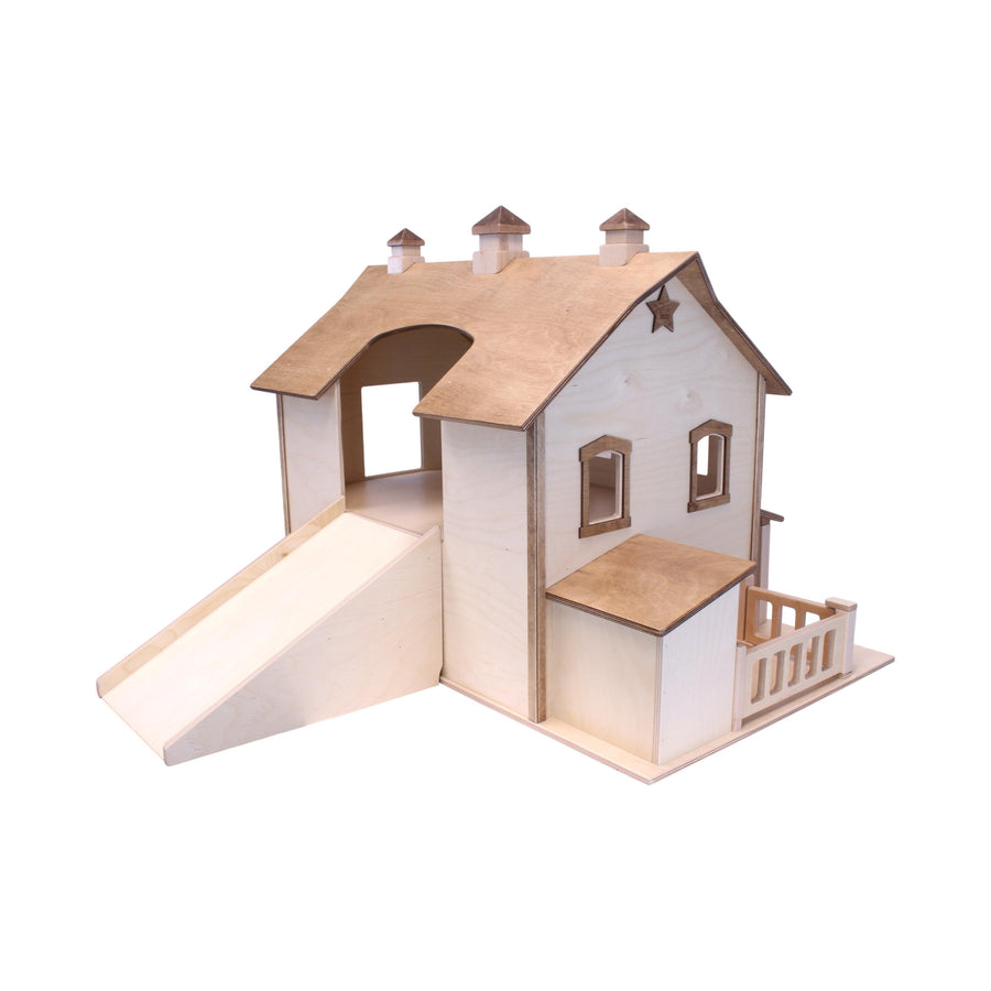 Wooden bank barn with access ramp extended