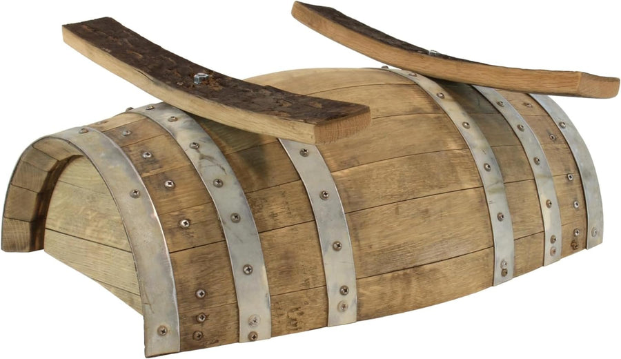 Underside and barrel staves of a reclaimed wooden planter
