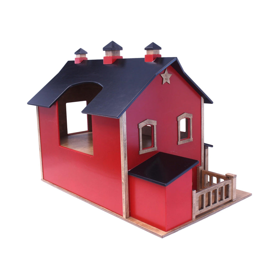 Wooden bank barn with access ramp extended