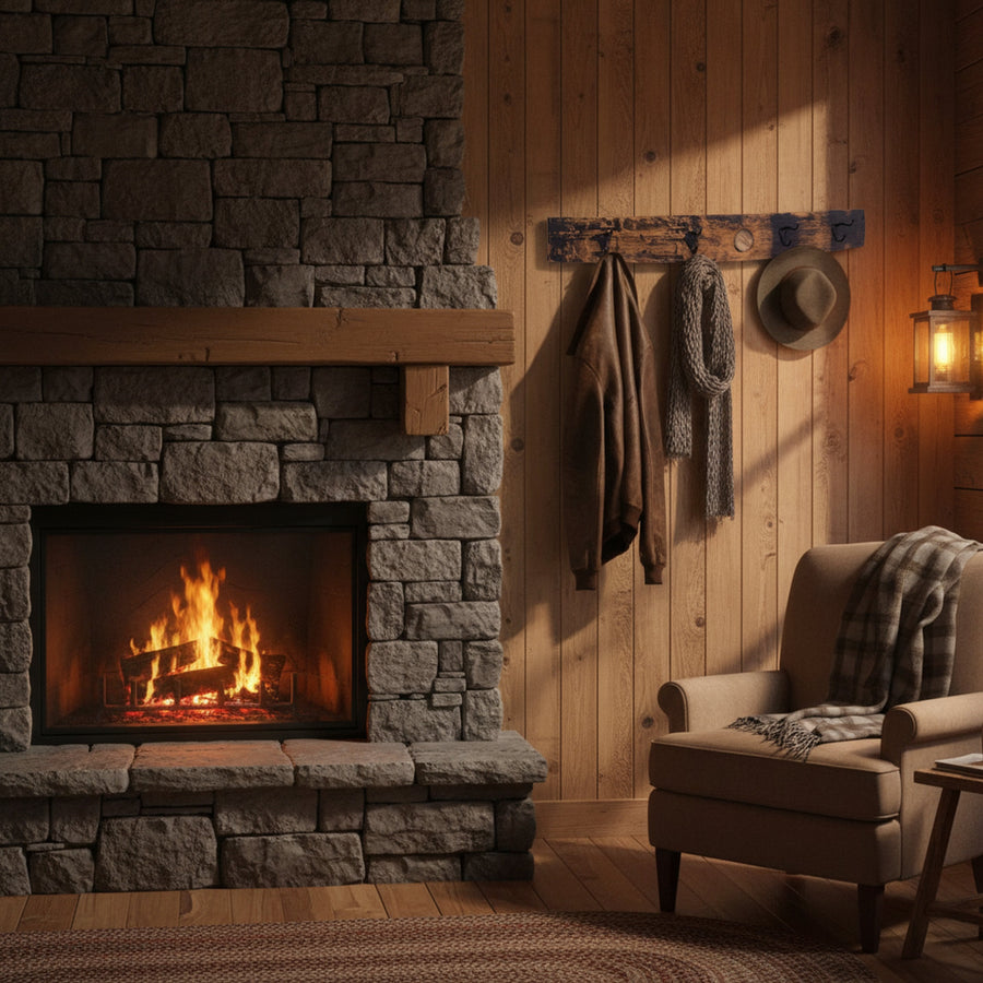 Reclaimed barrel-stave coat rack displayed with coats in an entryway