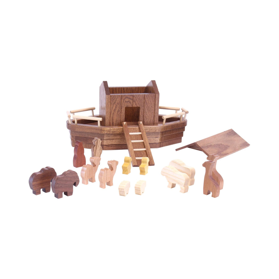 Wooden Noah’s Ark with roof removed and animals beside it