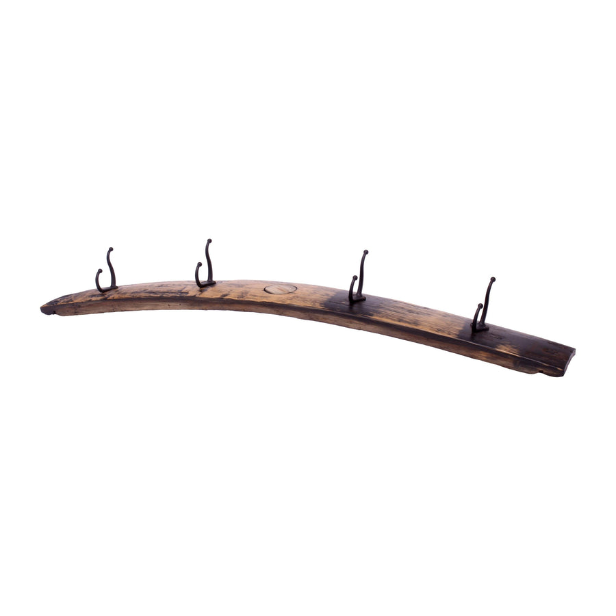 Curved barrel stave with four attached metal coat hooks