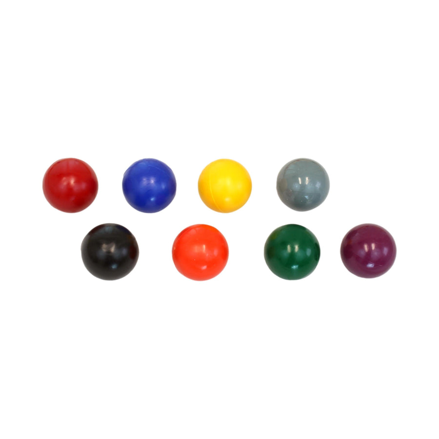 Colored croquet balls arranged for comparison