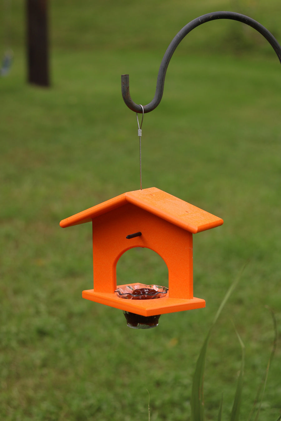 Oriole feeder hanging from a garden hook