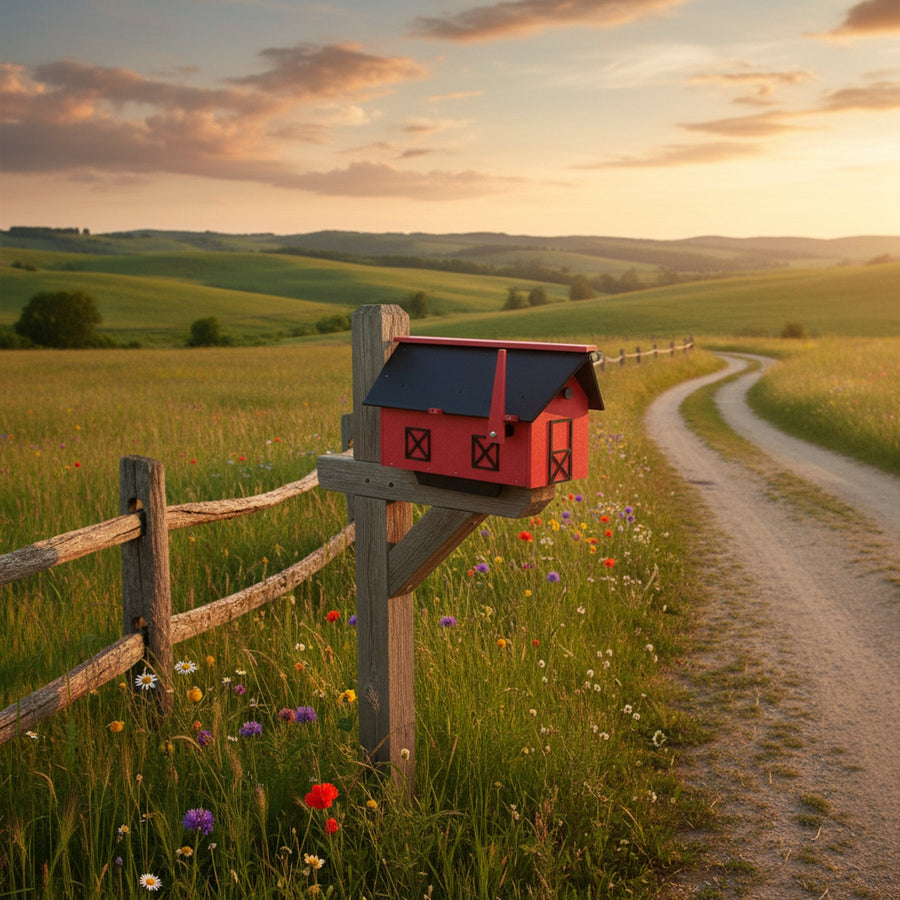 Barn-style poly mailbox displayed on a post in a rural setting