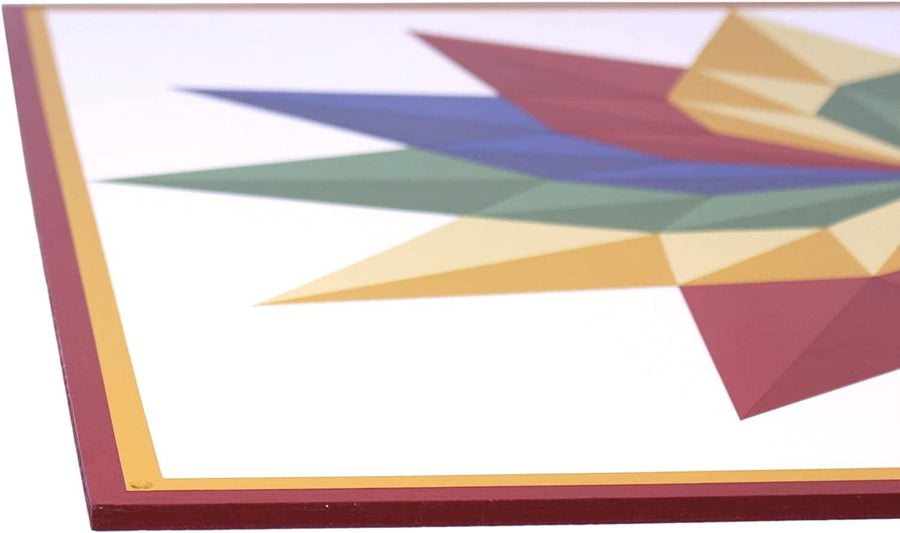 Close-up of hand-painted barn quilt edges and geometric color details