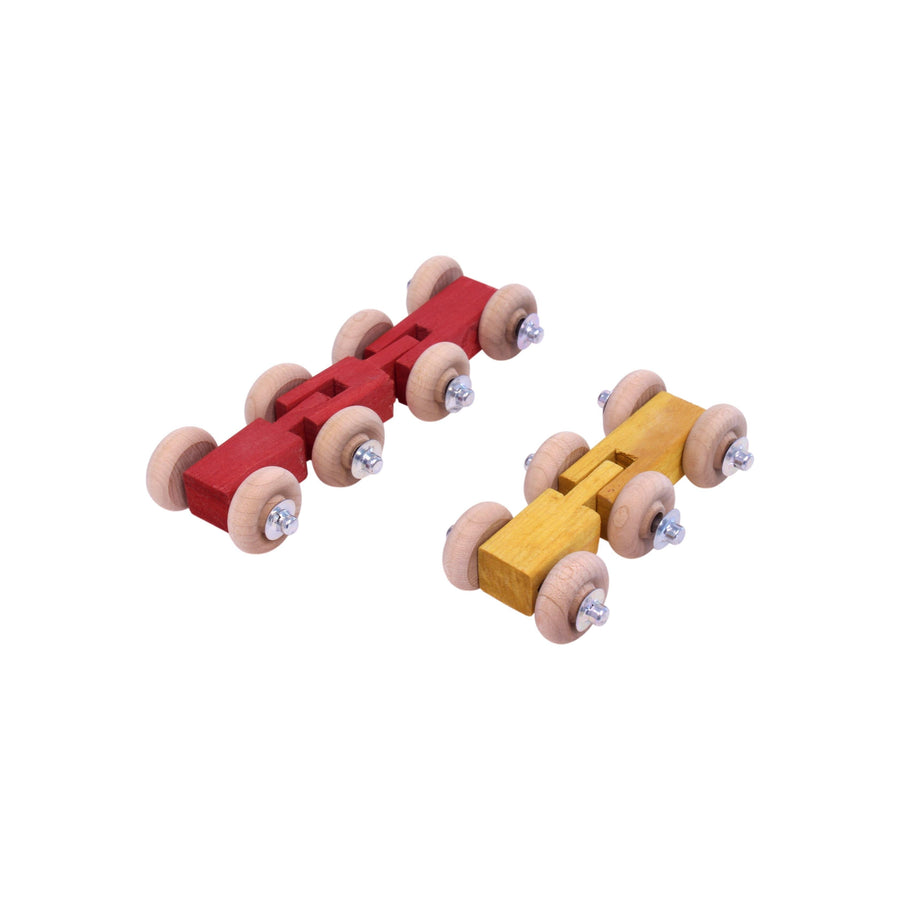 Small wooden roller vehicles shown separately