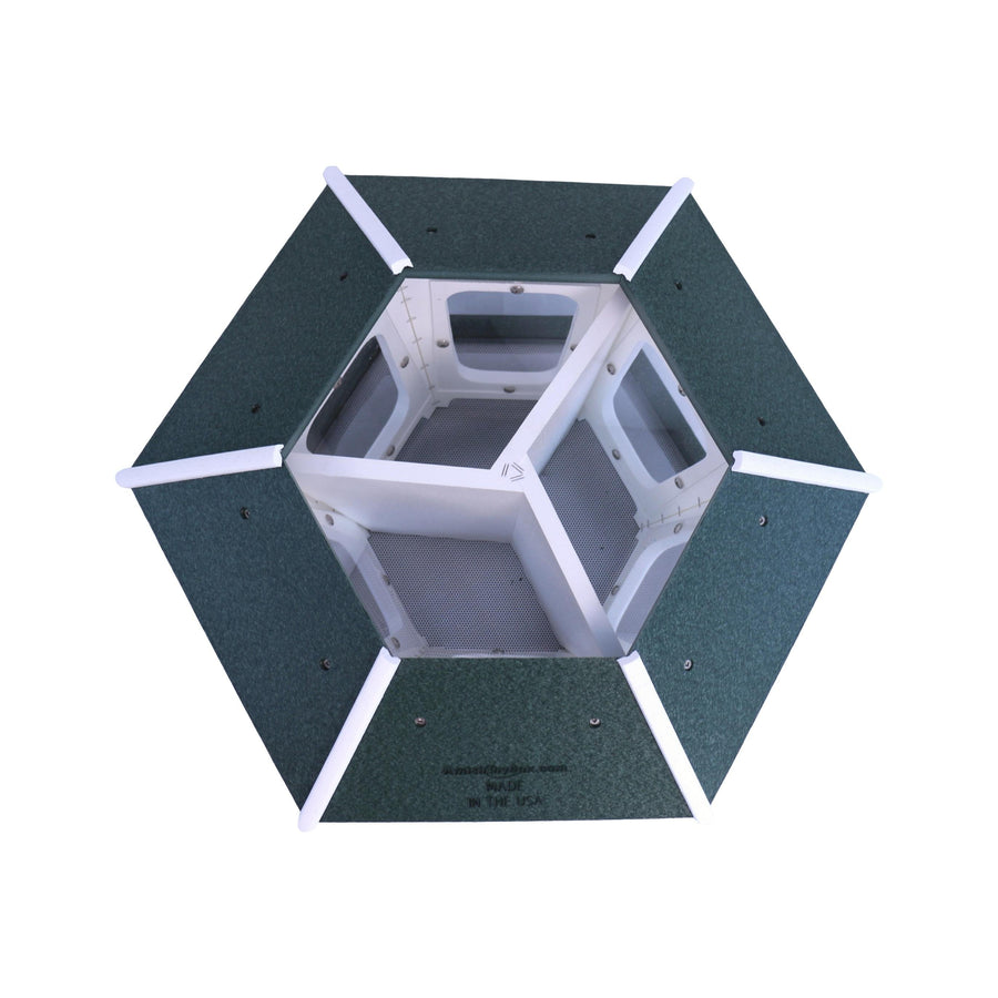 Gazebo bird feeder with roof opened or removed to expose three compartments