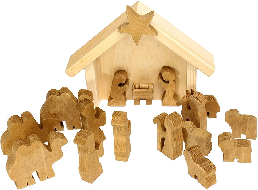 AmishToyBox.com Wooden Nativity Manger Scene Set, 14 Pieces