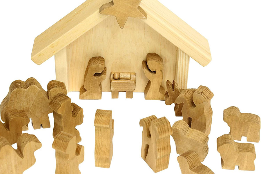 AmishToyBox.com Wooden Nativity Manger Scene Set, 14 Pieces