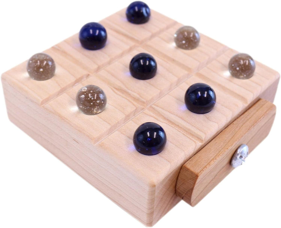 Wooden Marble Tic Tac Toe Game with Built-in Storage for Marbles