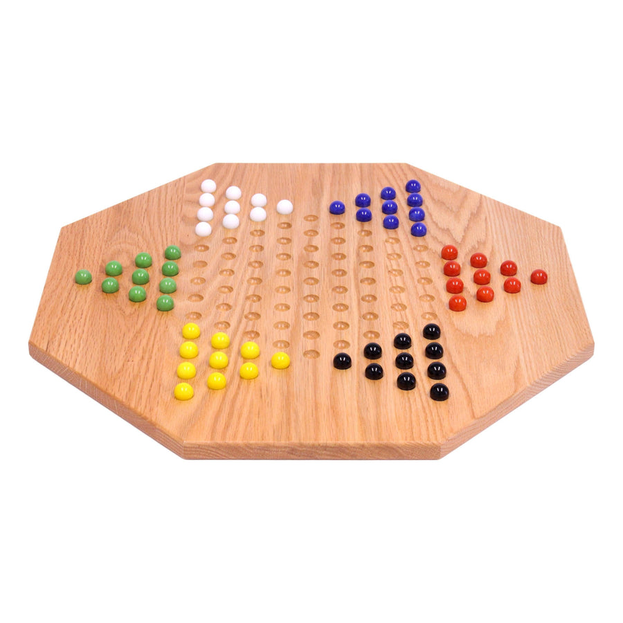19-Inch Oak Chinese Checkers Set with 60 Glass Marbles