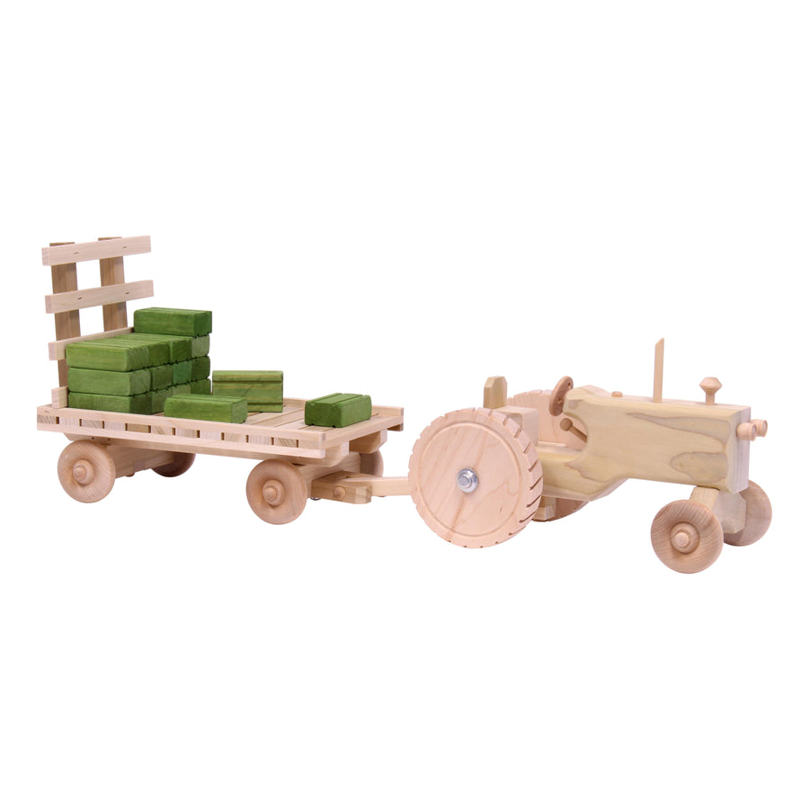 Wooden Tractor & Hay Wagon Toy with 15 Hay Bales