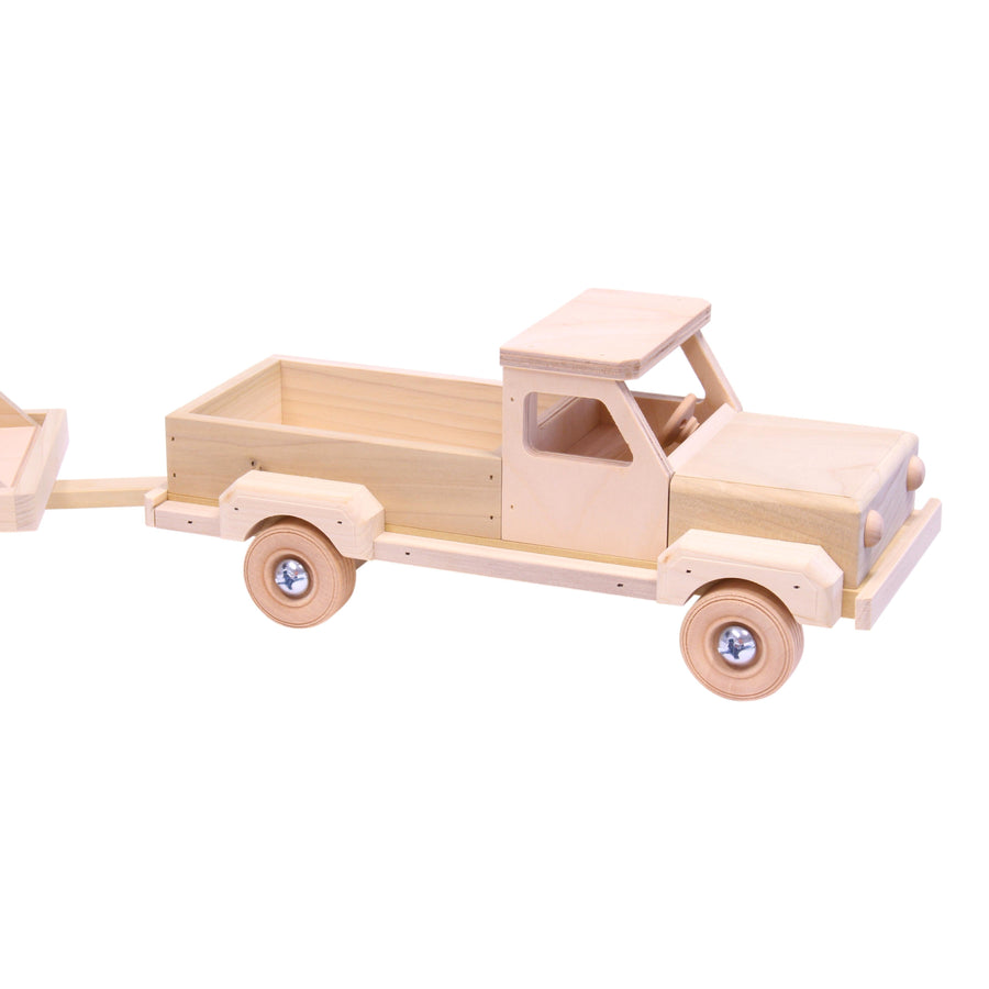 Unfinished wooden pickup truck with open cargo bed