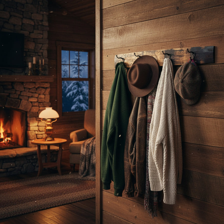 Reclaimed barrel-stave coat rack displayed with coats in an entryway