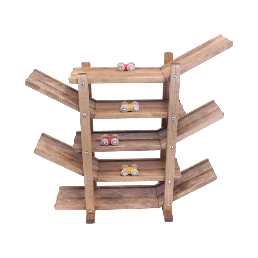 Double-Track Wooden Car Roller Racetrack with 4 Cars