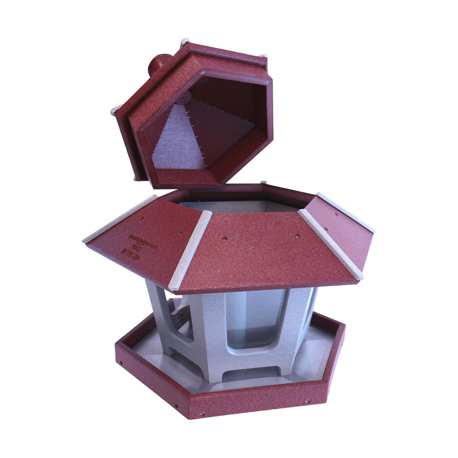 Gazebo bird feeder with roof opened or removed to expose three compartments