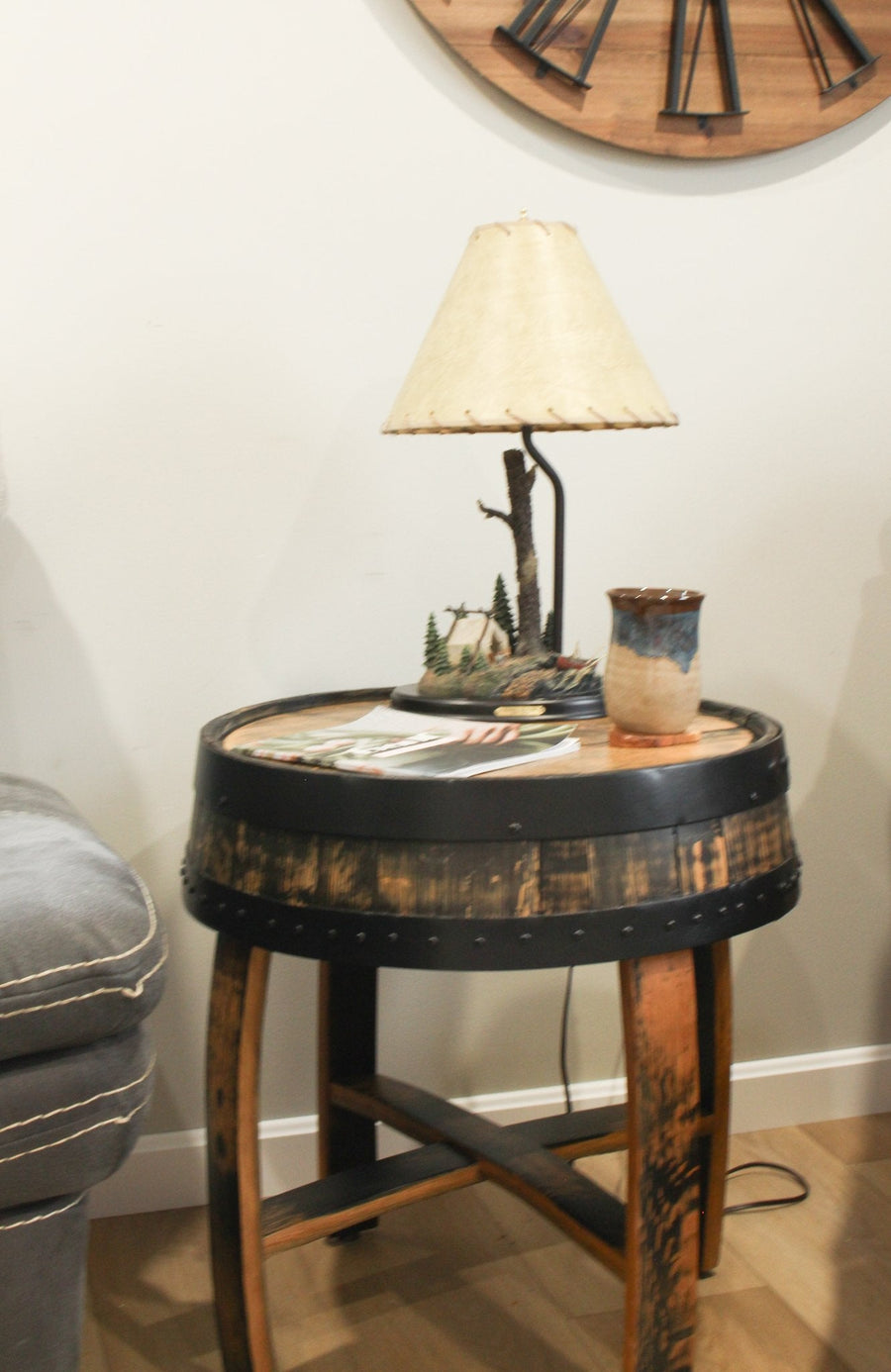 Amish-Made Rustic Barrel-Top End Table, Reclaimed Whiskey Barrel Table with Barrel Rings