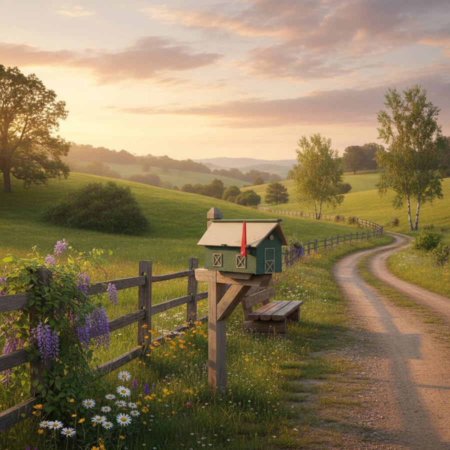 Barn-style poly mailbox displayed on a post in a rural setting