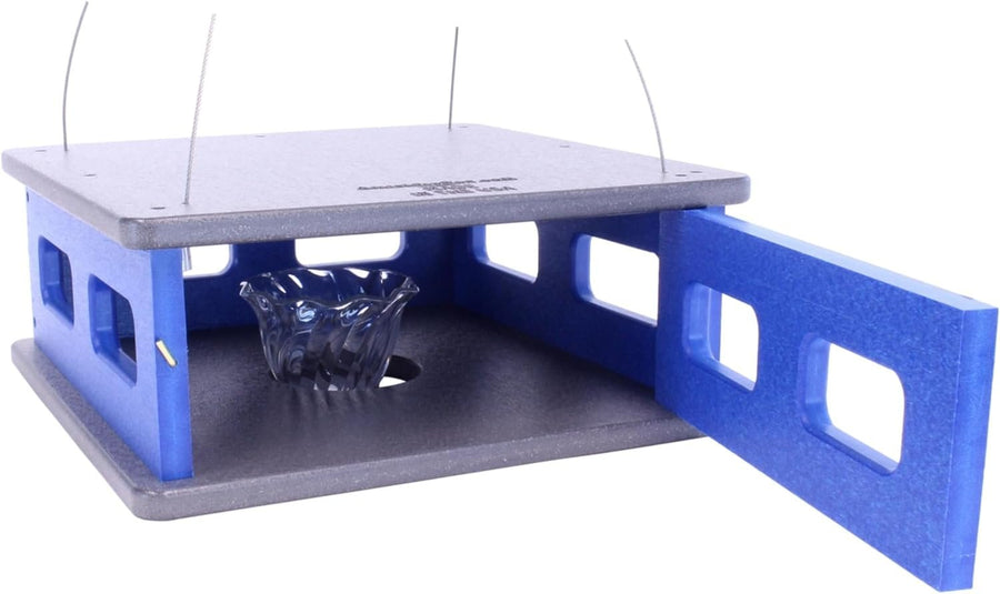 Bluebird mealworm feeder with side access door open