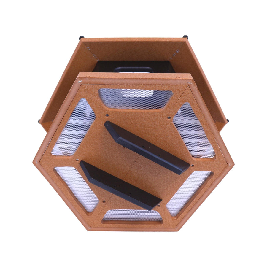 Gazebo bird feeder with roof opened or removed to expose three compartments